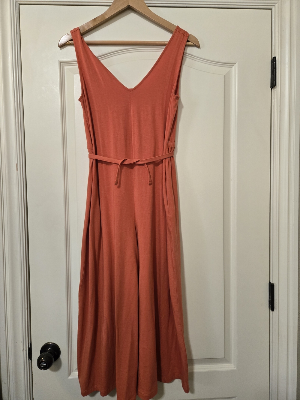 AnyBody Sleeveless V-Neck Coral Jumpsuit with Waist Tie Comfy Fall Layering